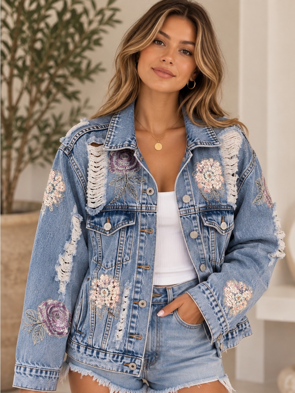 Sunset + Spring Distressed Sequin Floral Denim Jacket Size S Boho Y2K